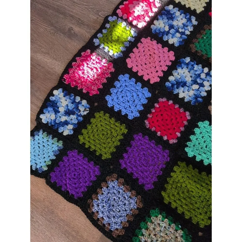 vintage granny square crochet AFGHAN throw blanket decor boho chic 44
